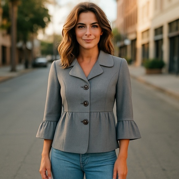 Tahari Gray Ruffle Flounce Hem Jacket 4 Small - Picture 1 of 12